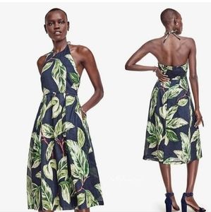 Ann Taylor Amalfi Tropical Palm Leaf Print Halter Fit Flare Dress 4P